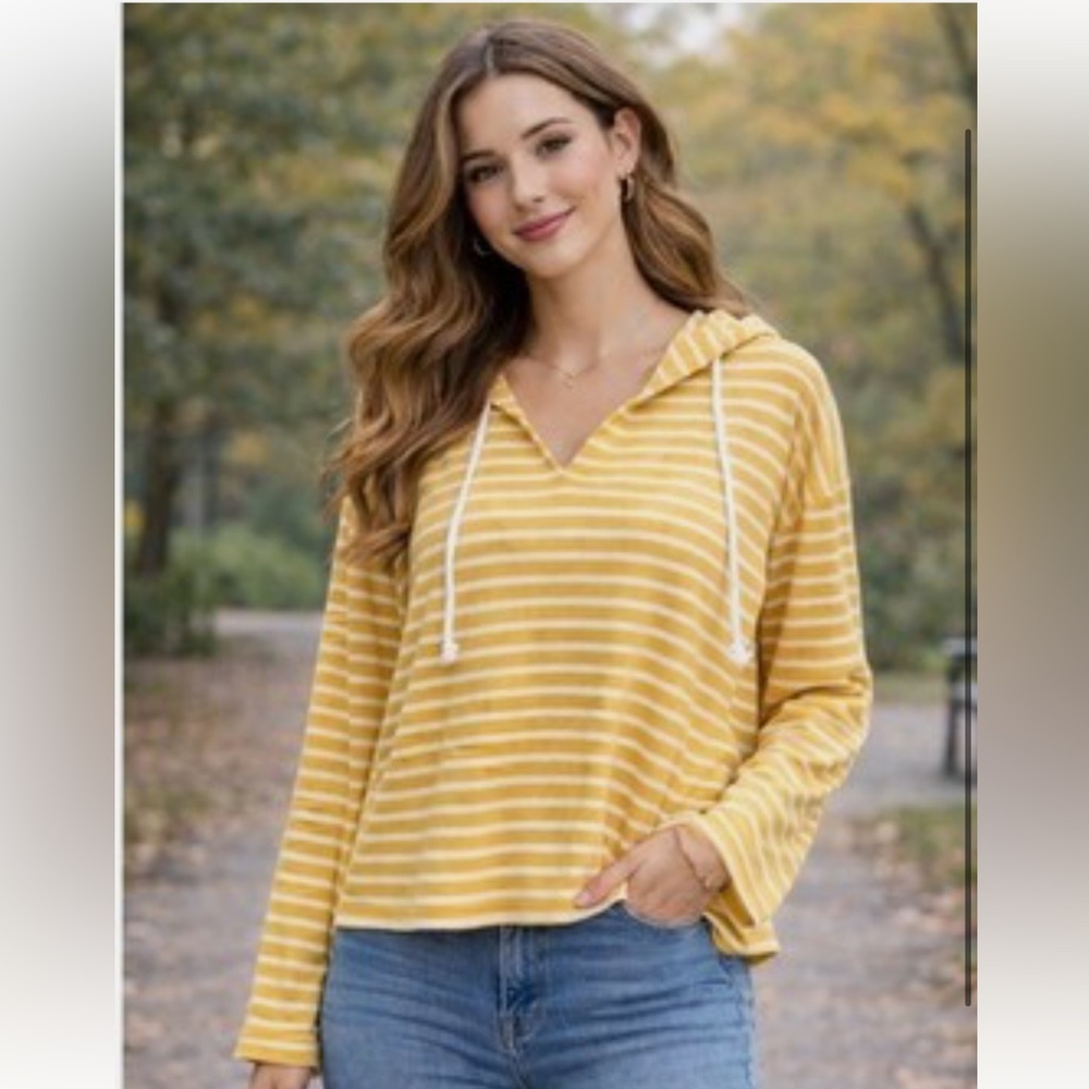 LOFT Yellow & White Striped Hooded Pullover Top